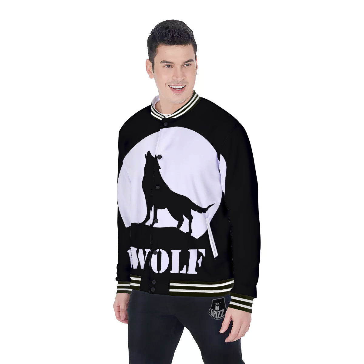 Wolf Howling Monochrome Print Baseball Jacket-grizzshop