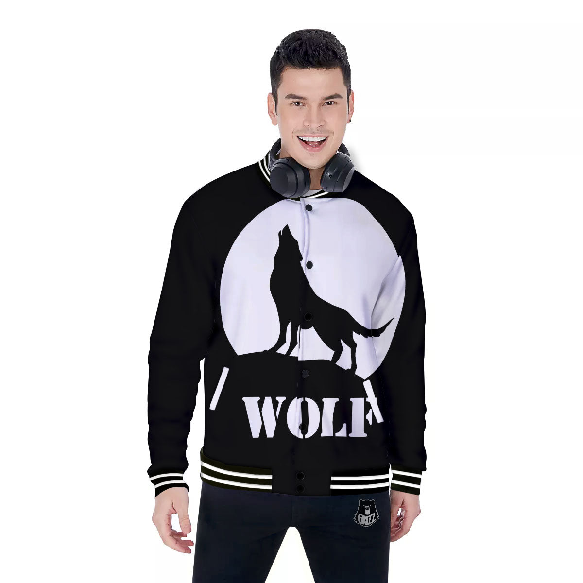 Wolf Howling Monochrome Print Baseball Jacket-grizzshop