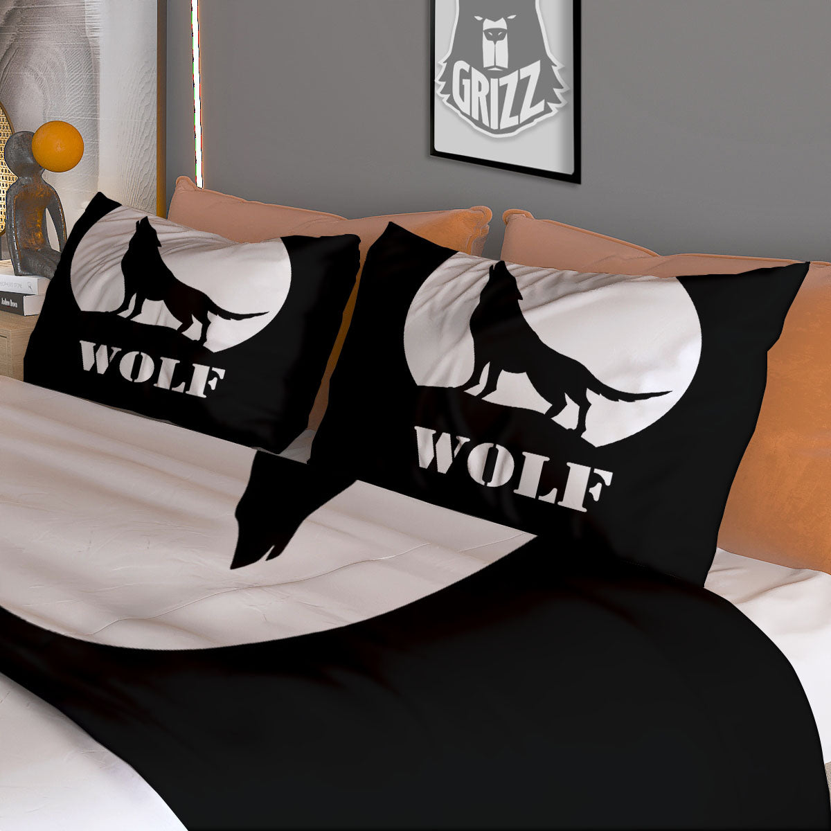 Wolf Howling Monochrome Print Duvet Cover Bedding Set