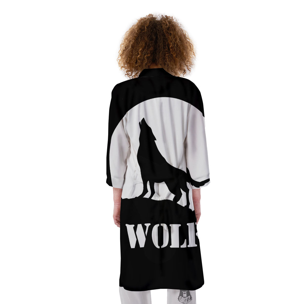 Wolf Howling Monochrome Print Kimono-grizzshop