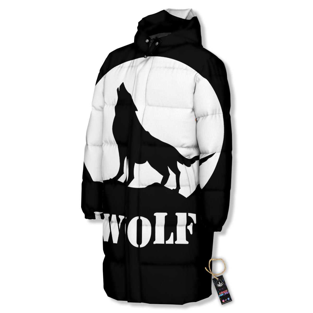 Wolf Howling Monochrome Print Long Down Jacket-grizzshop