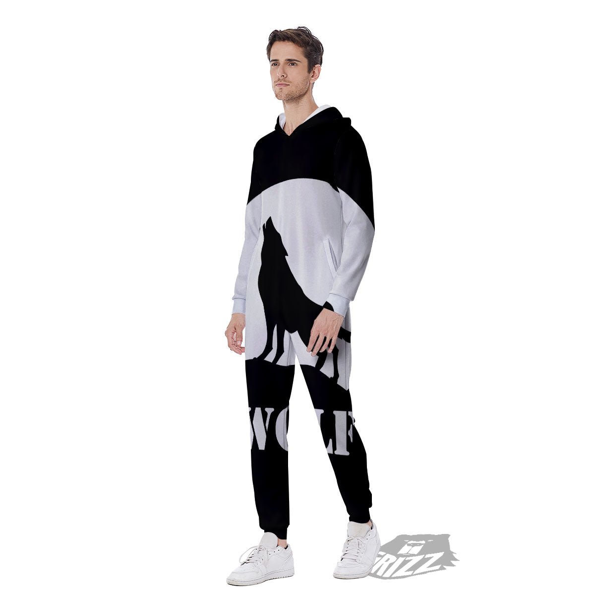 Wolf Howling Monochrome Print Men's Jumpsuit-grizzshop