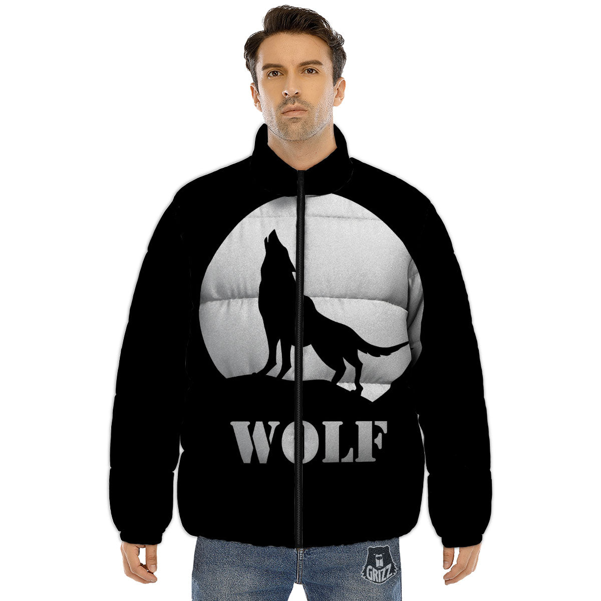 Wolf Howling Monochrome Print Puffer Jacket-grizzshop