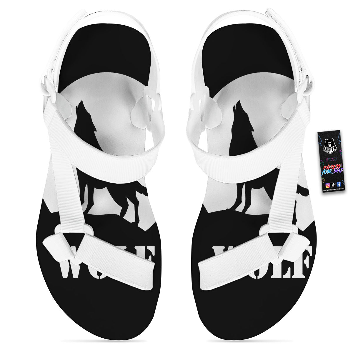 Wolf Howling Monochrome Print White Open Toe Sandals-grizzshop