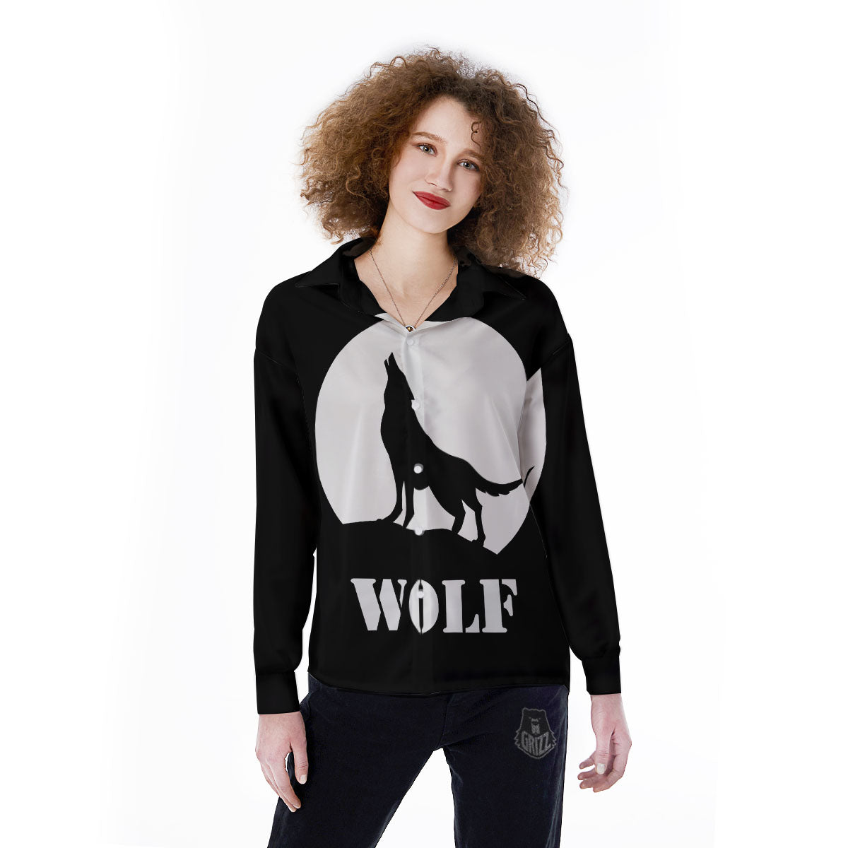 Wolf Howling Monochrome Print Women's Long Sleeve Shirts-grizzshop