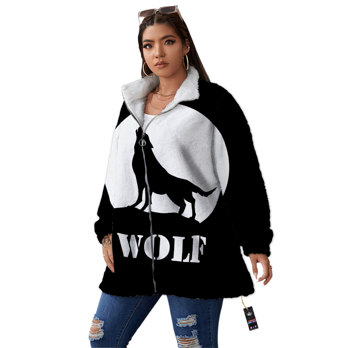 Wolf Howling Monochrome Print Women's Sherpa Jacket-grizzshop