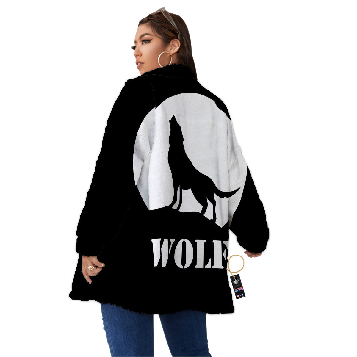 Wolf Howling Monochrome Print Women's Sherpa Jacket-grizzshop