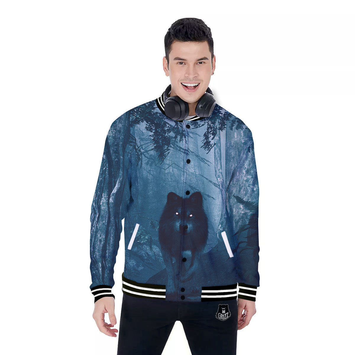 Wolf Jungle Print Baseball Jacket-grizzshop