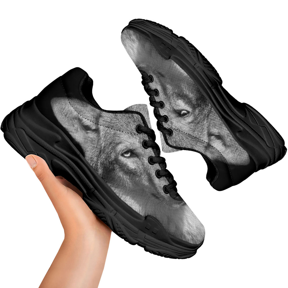 Wolf Monochrome Print Black Chunky Shoes-grizzshop