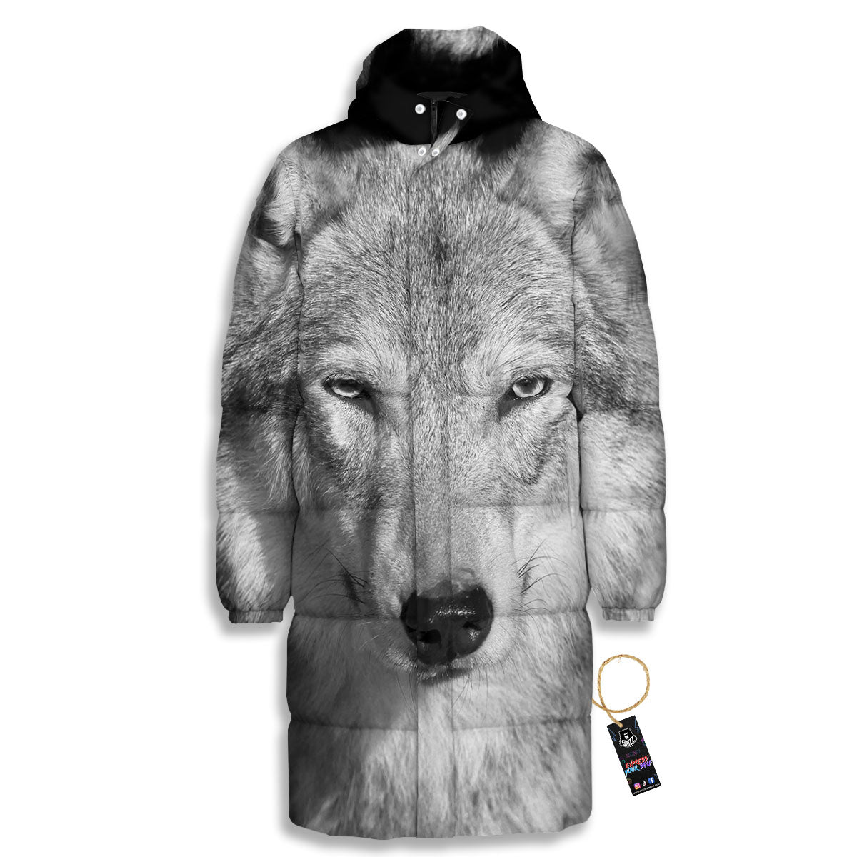 Wolf Monochrome Print Long Down Jacket-grizzshop