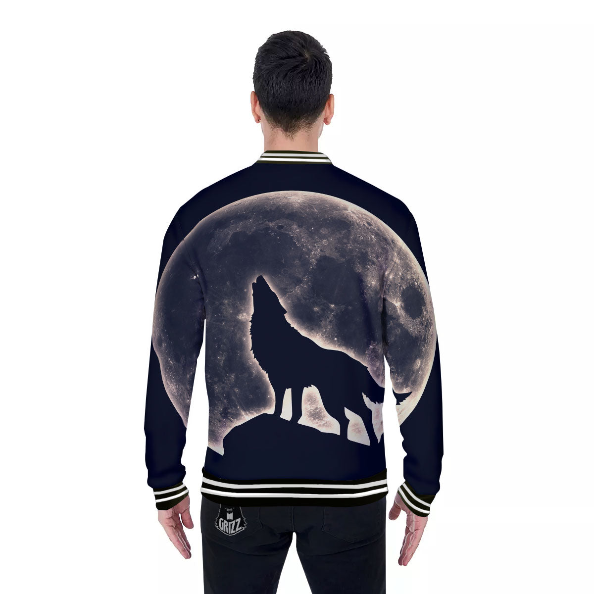 Wolf Moonlight Print Baseball Jacket-grizzshop