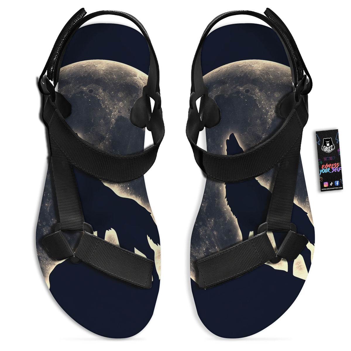 Wolf Moonlight Print Black Open Toe Sandals-grizzshop