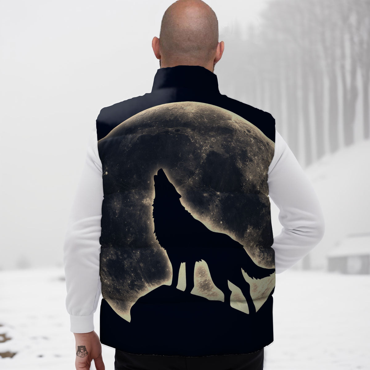 Wolf Moonlight Print Down Vest-grizzshop