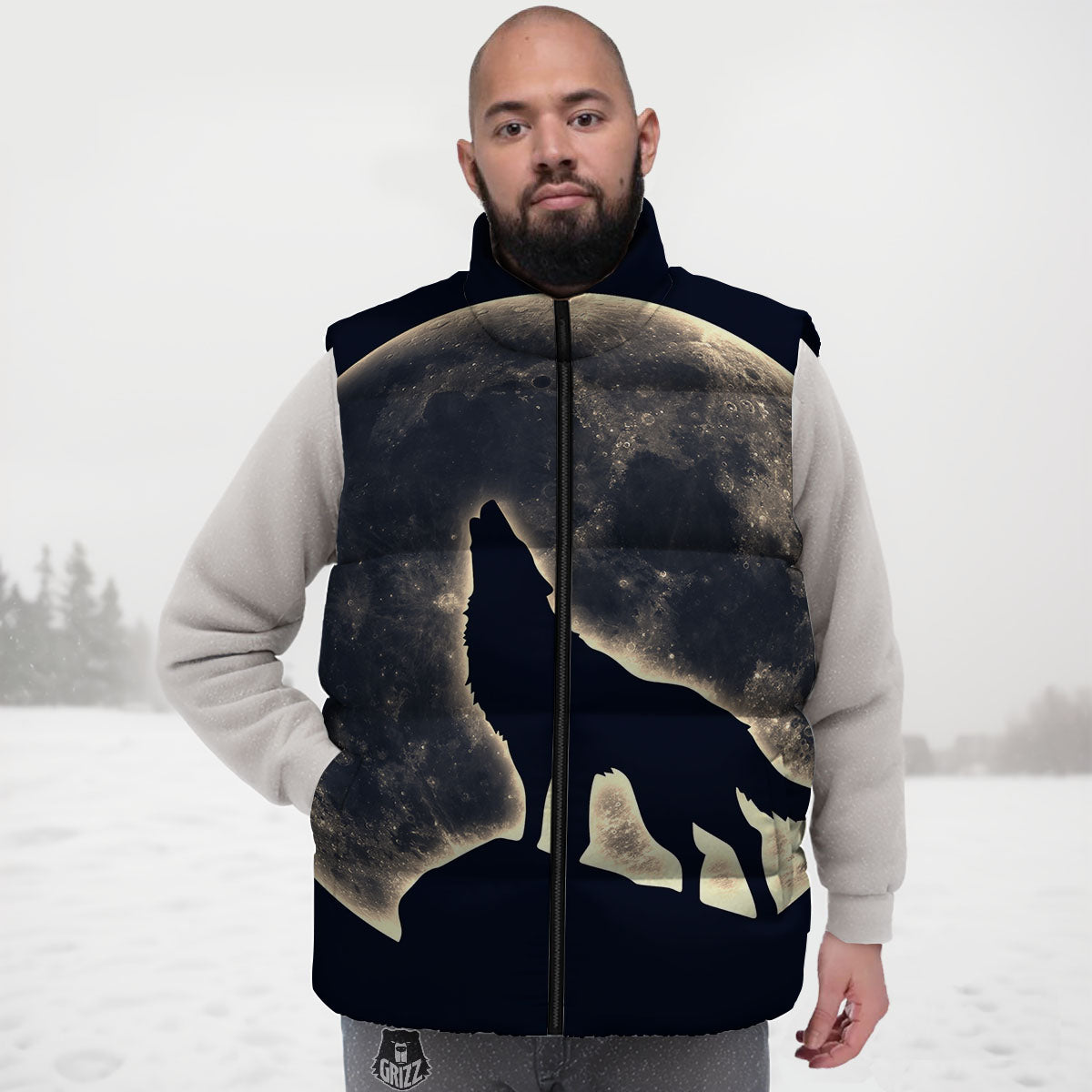 Wolf Moonlight Print Down Vest-grizzshop