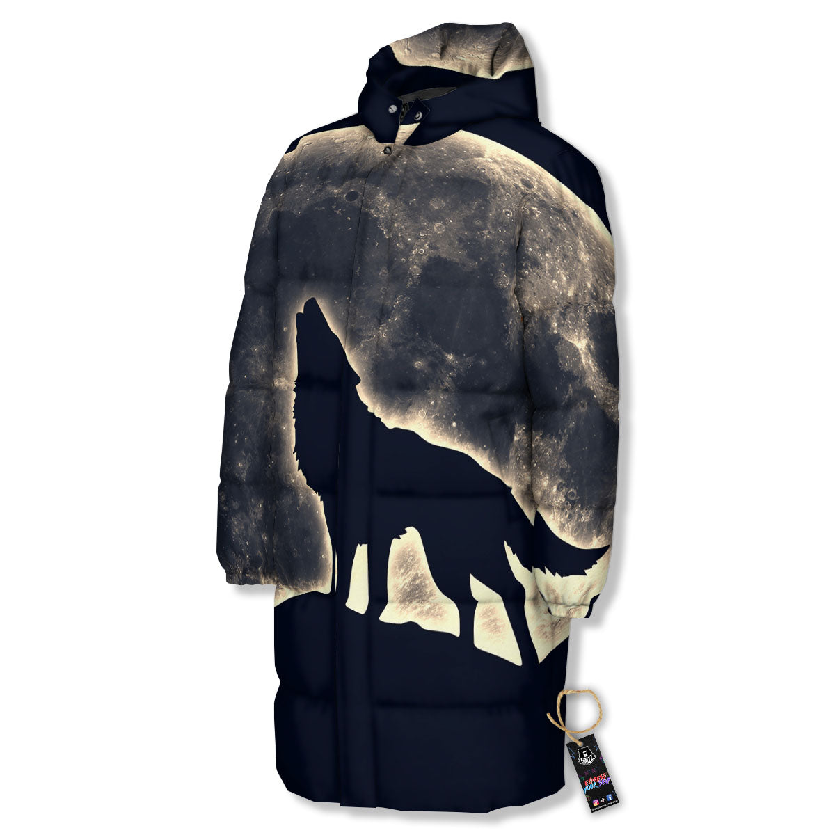 Wolf Moonlight Print Long Down Jacket-grizzshop
