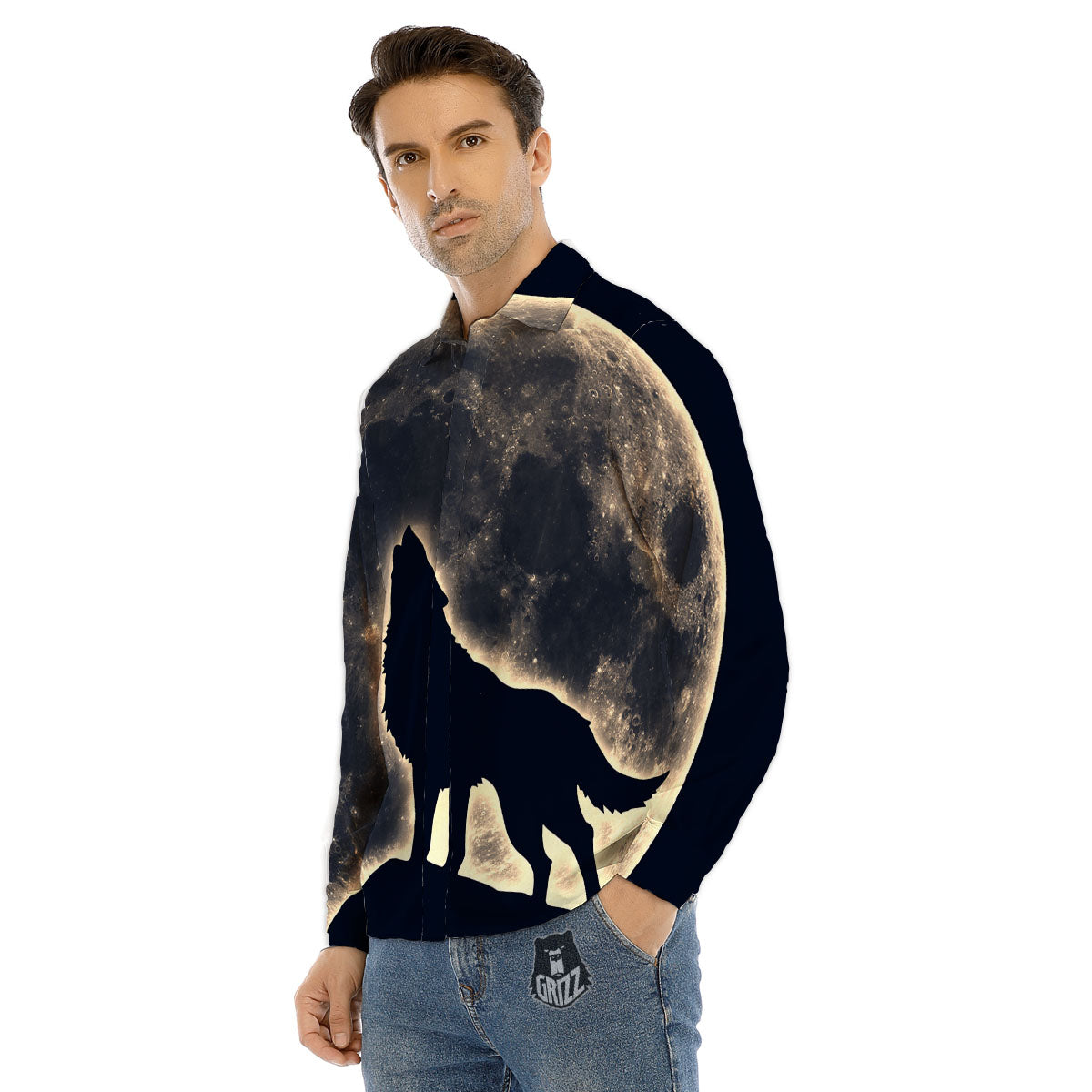 Wolf Moonlight Print Men's Dress Shirts-grizzshop