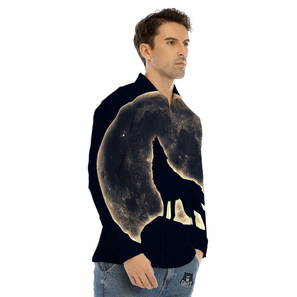 Wolf Moonlight Print Men's Dress Shirts-grizzshop