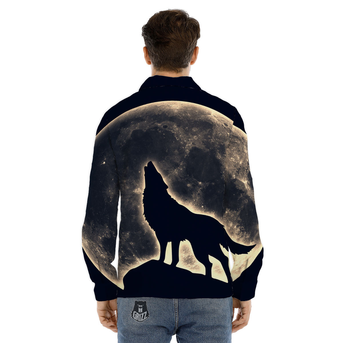Wolf Moonlight Print Men's Dress Shirts-grizzshop