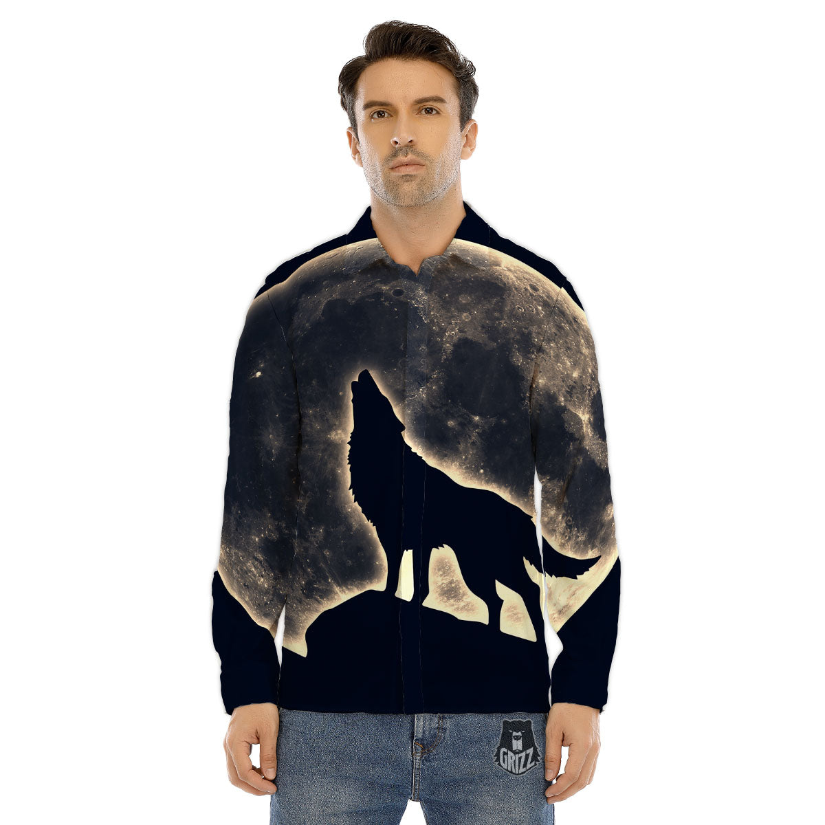 Wolf Moonlight Print Men's Dress Shirts-grizzshop