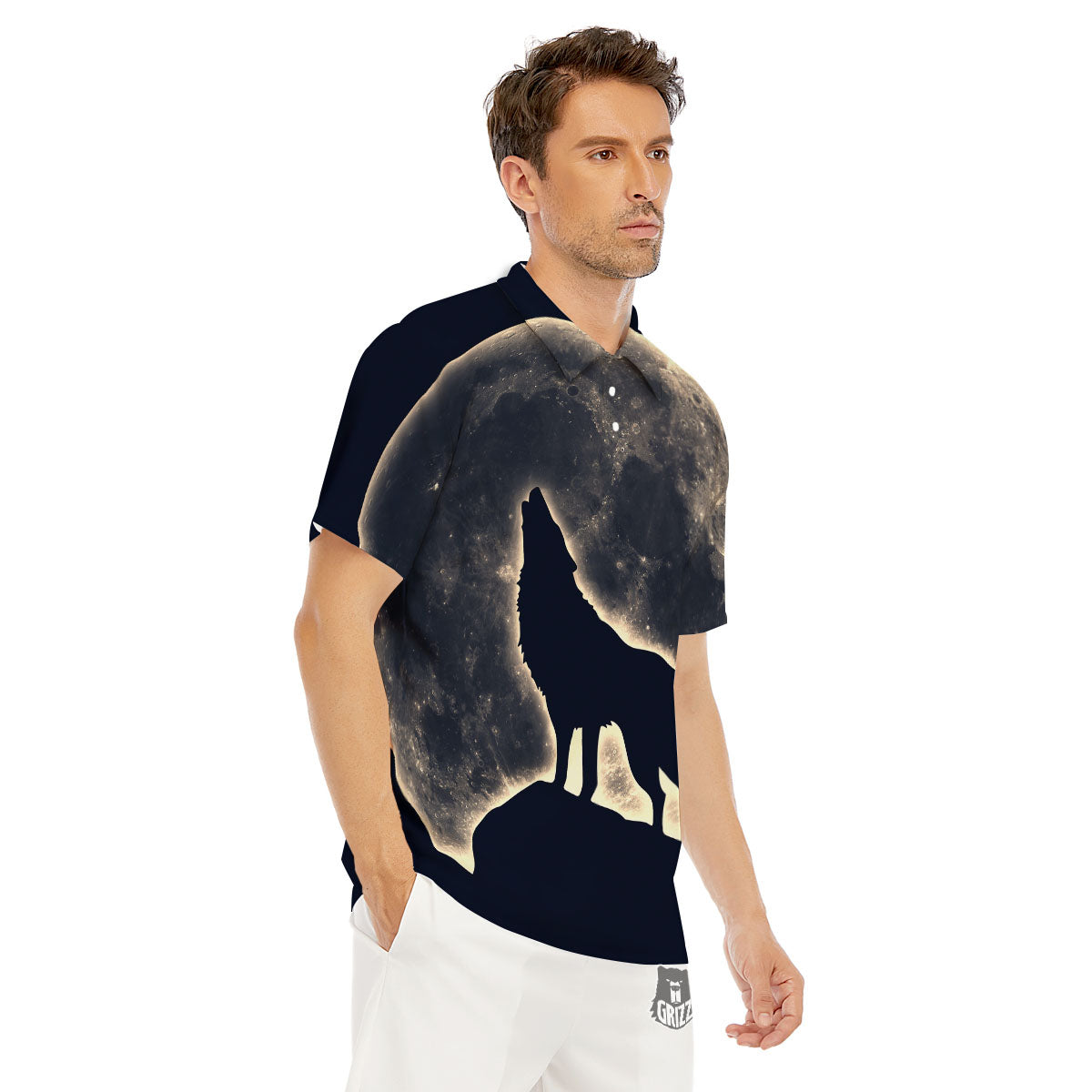 Wolf Moonlight Print Men's Golf Shirts-grizzshop