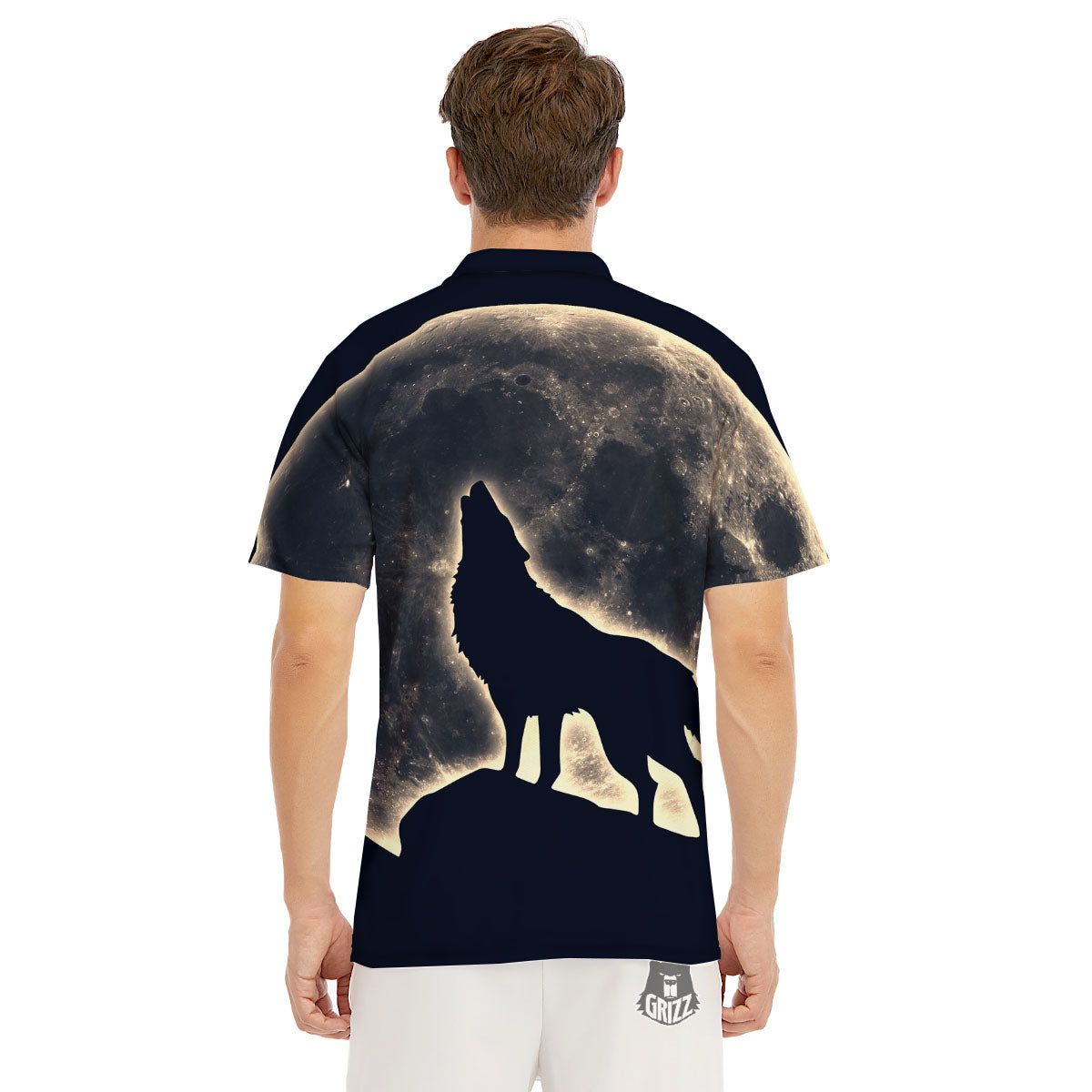 Wolf Moonlight Print Men's Golf Shirts-grizzshop