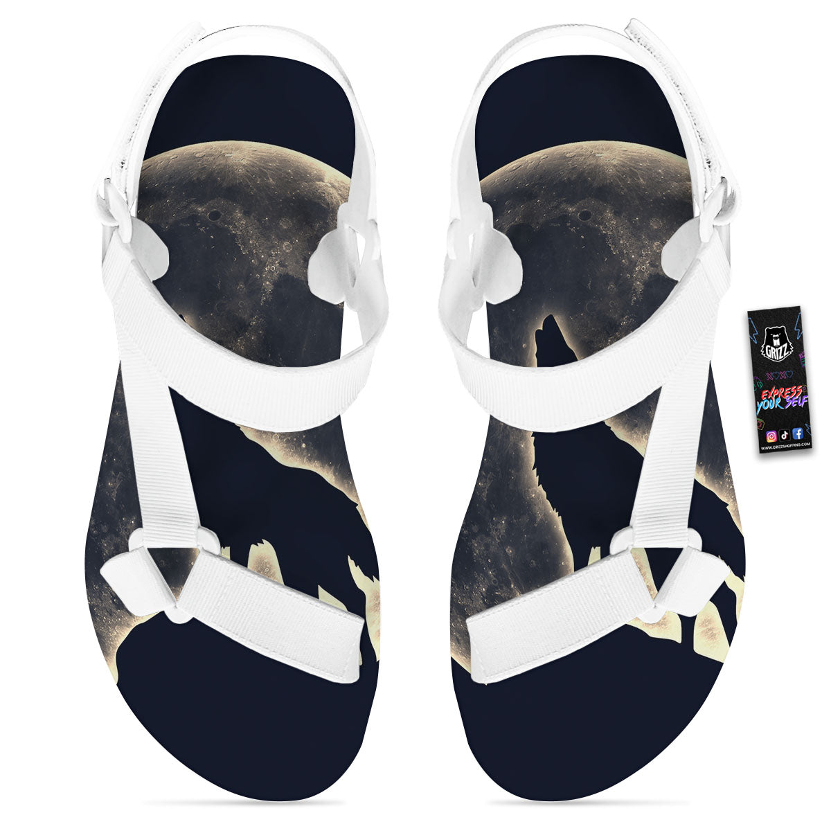 Wolf Moonlight Print White Open Toe Sandals-grizzshop