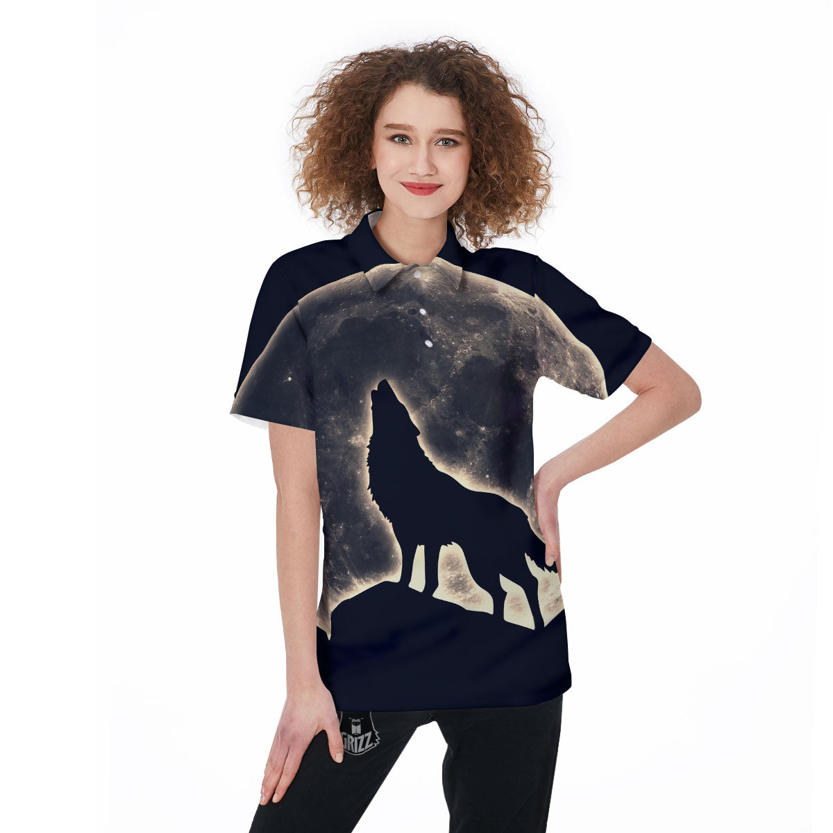 Wolf Moonlight Print Women's Golf Shirts-grizzshop