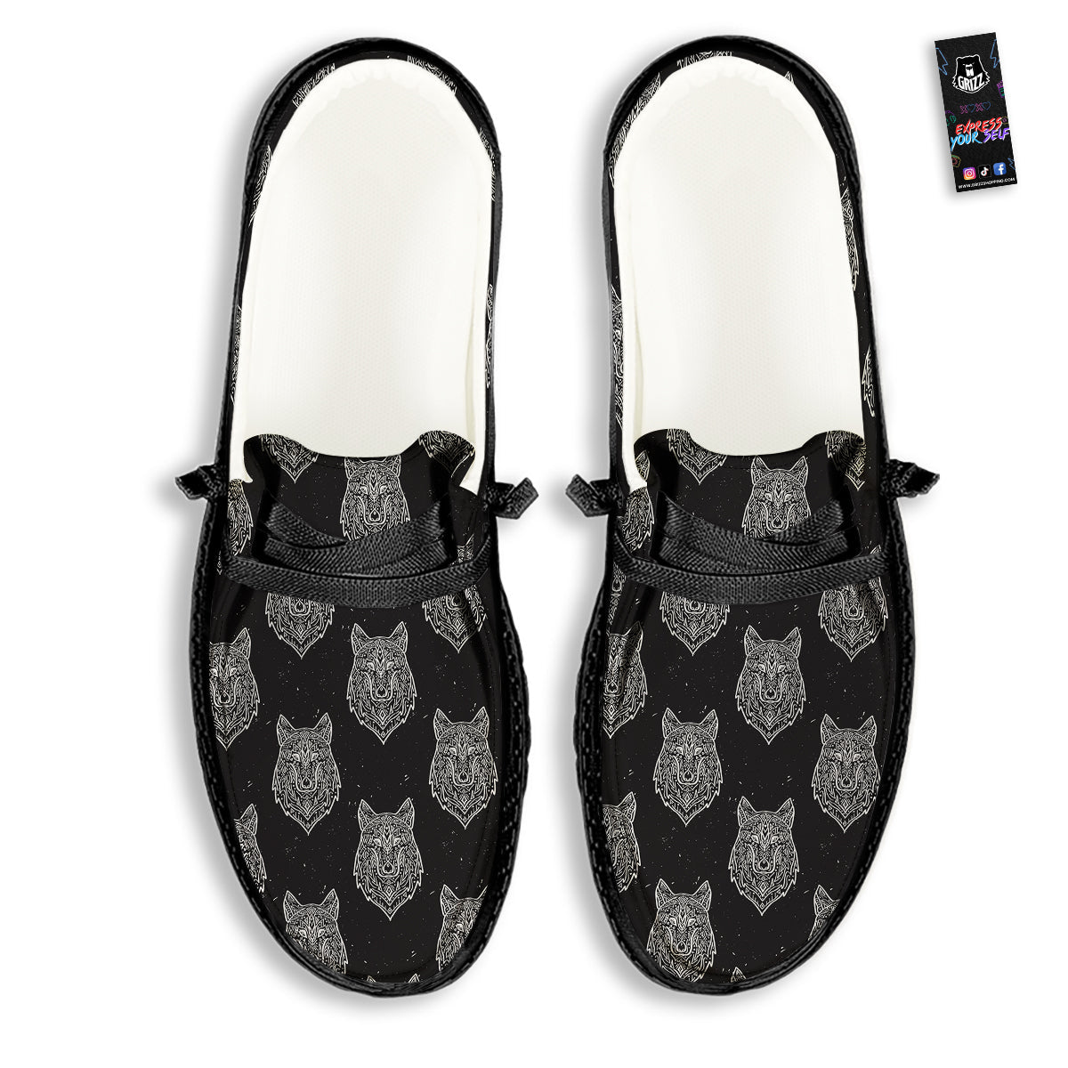 Wolf Native Tribal Print Pattern Black Loafers-grizzshop
