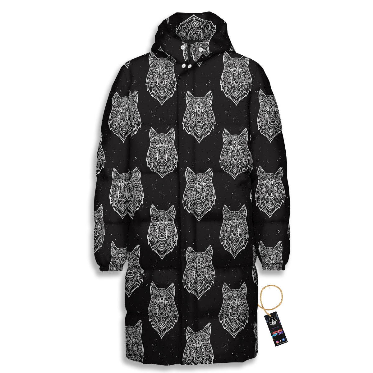 Wolf Native Tribal Print Pattern Long Down Jacket-grizzshop