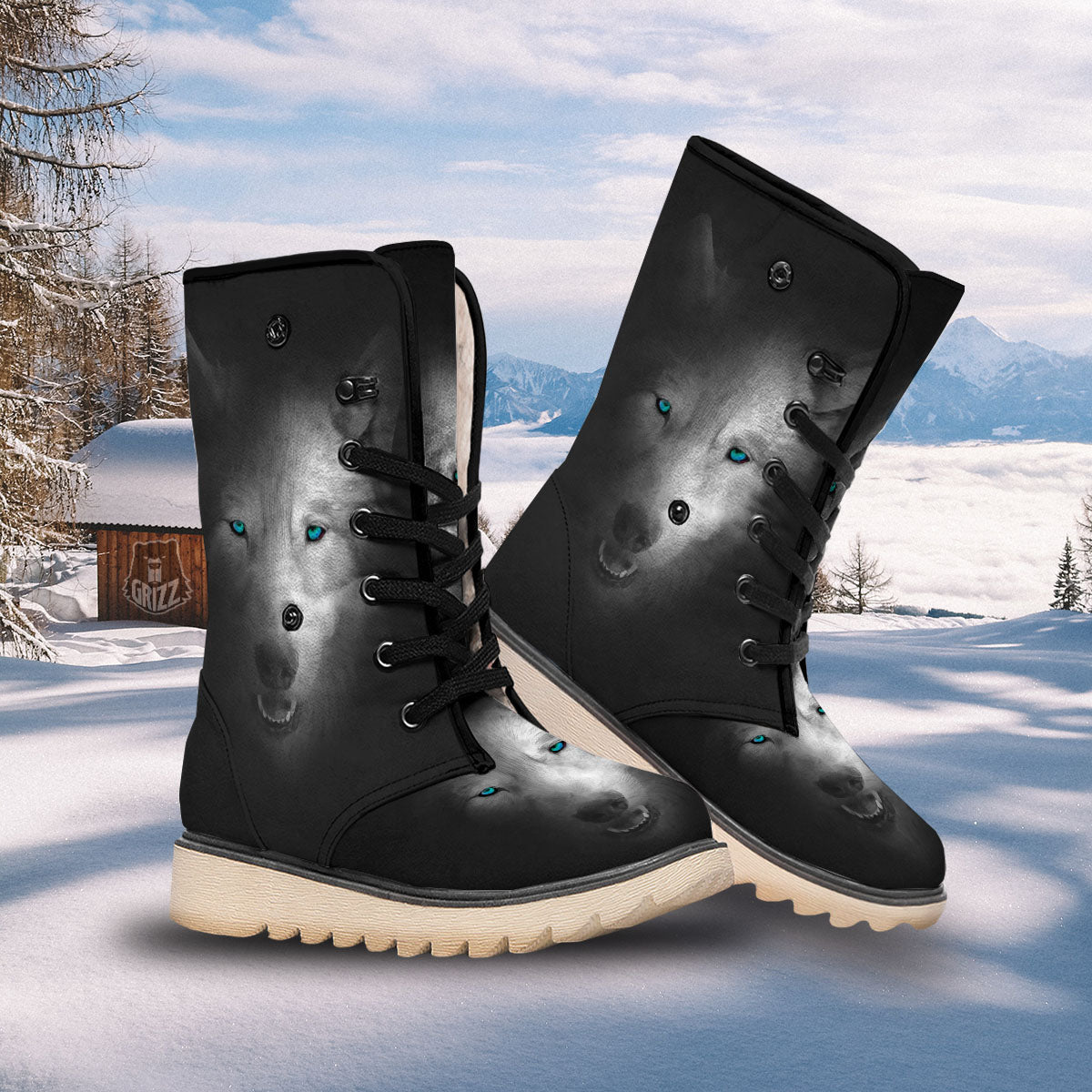 Wolf Painting Watercolor Print Snow Boots-grizzshop