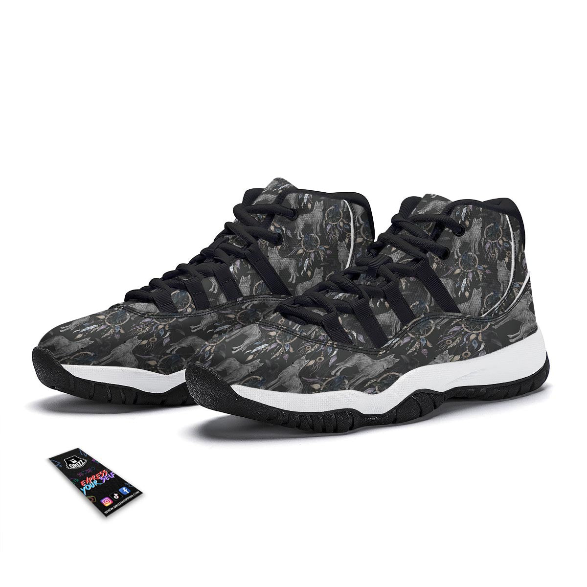 Wolf Print Pattern Black Bball Shoes-grizzshop