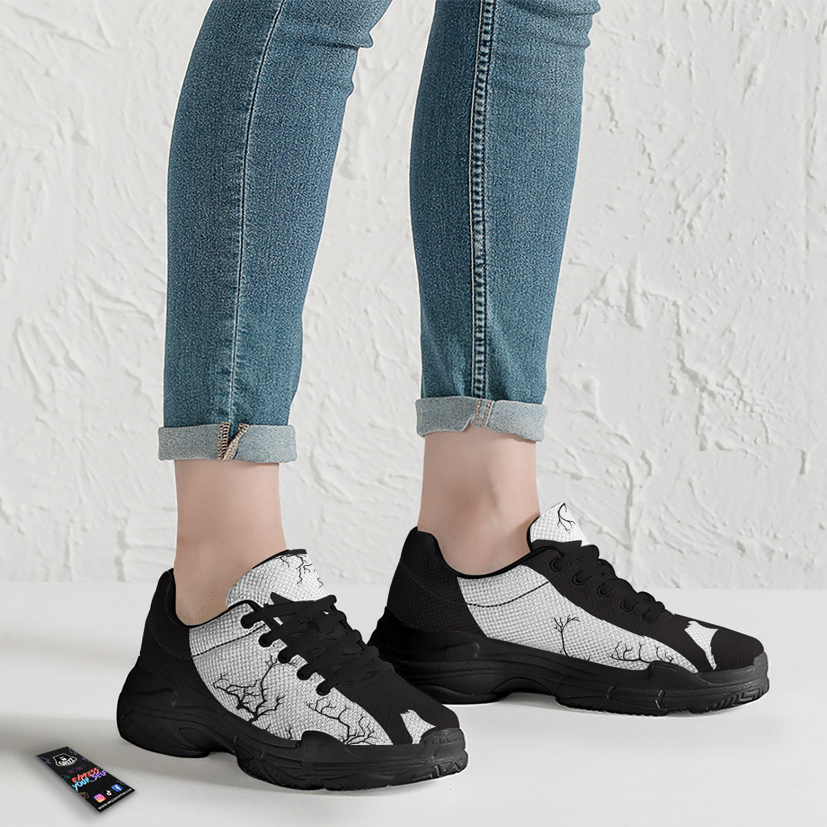 Wolf Spirit And Moon Print Black Chunky Shoes-grizzshop