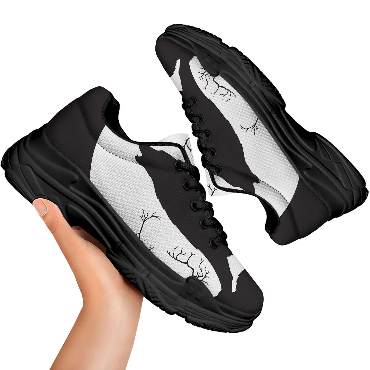Wolf Spirit And Moon Print Black Chunky Shoes-grizzshop