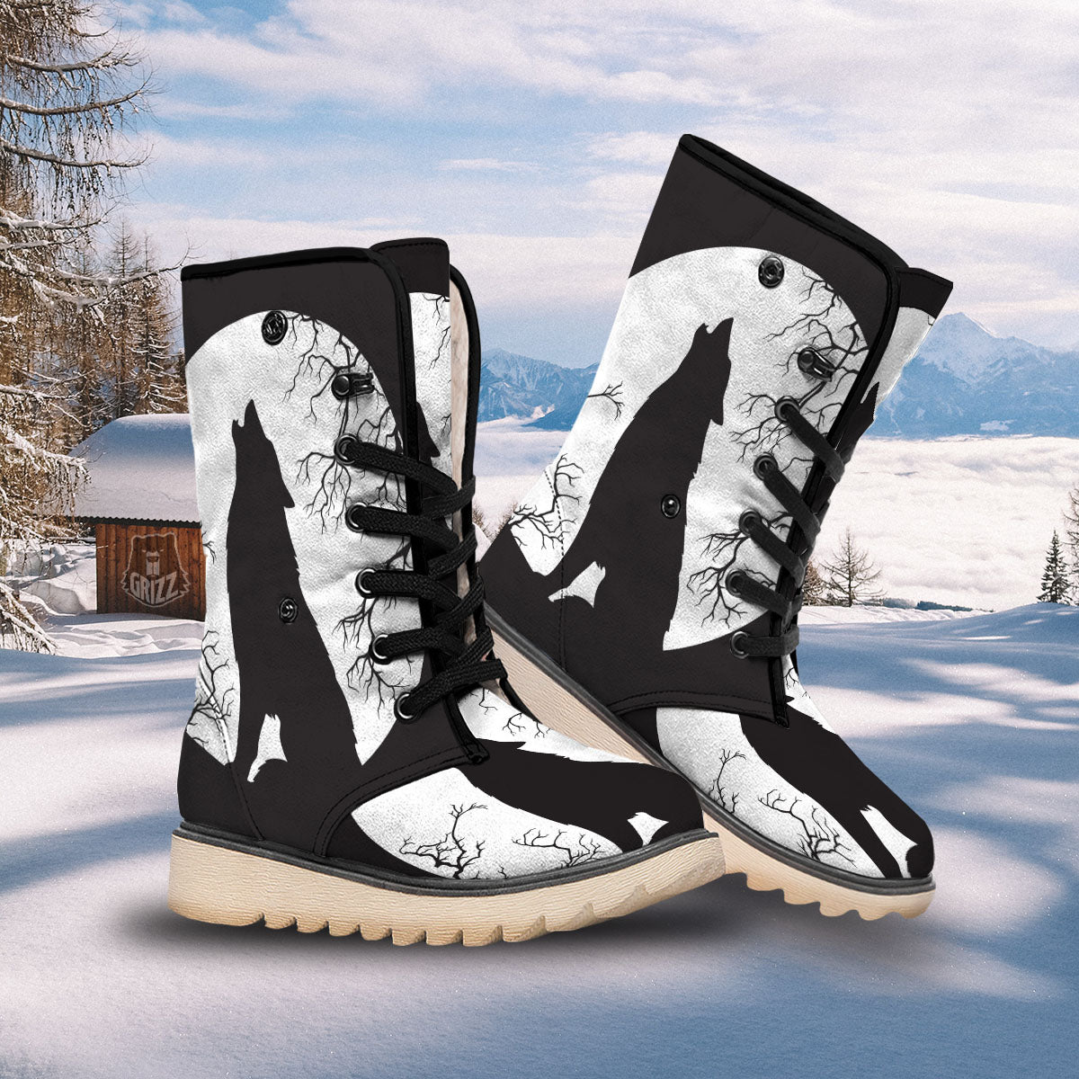 Wolf Spirit And Moon Print Snow Boots-grizzshop