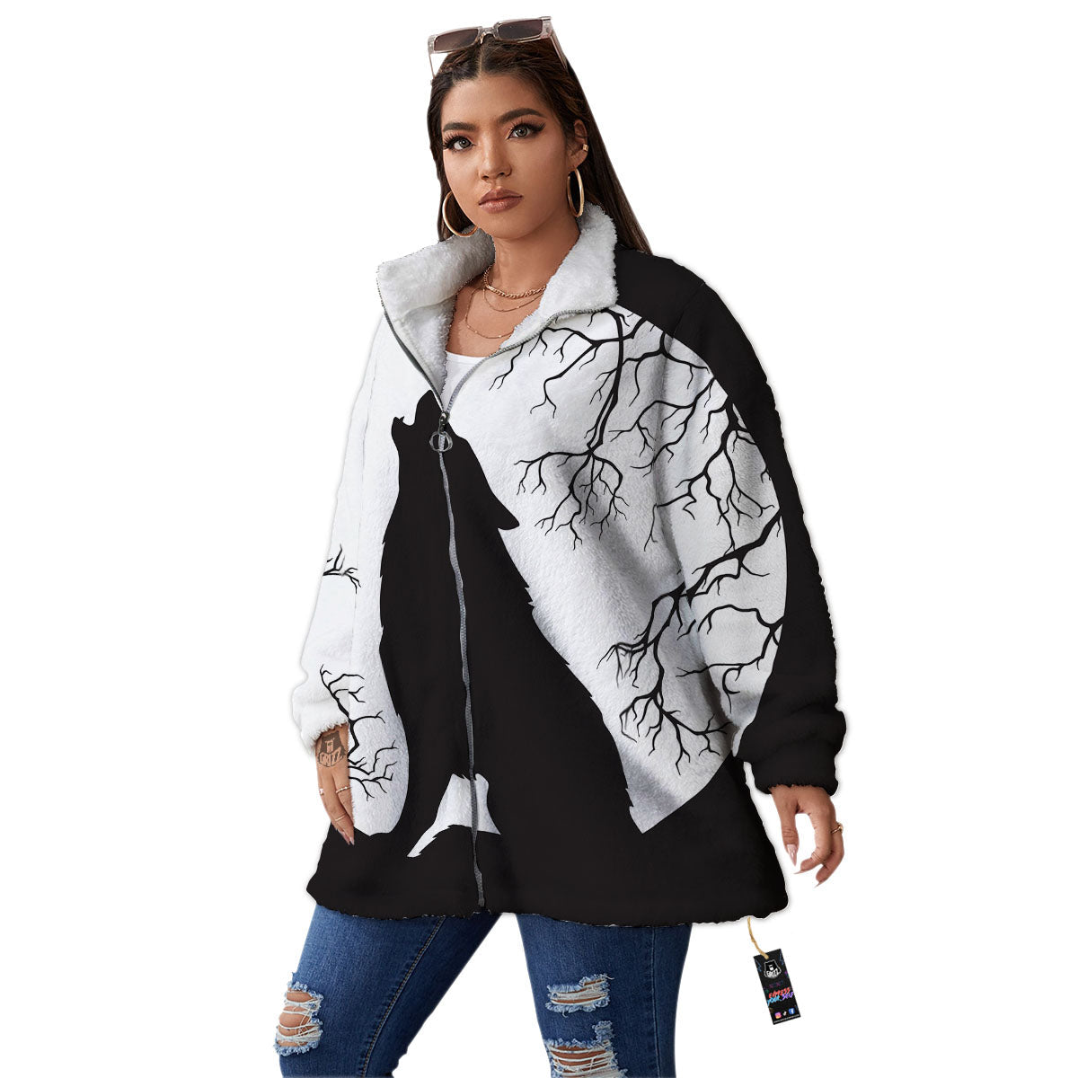 Wolf Spirit And Moon Print Women's Sherpa Jacket-grizzshop