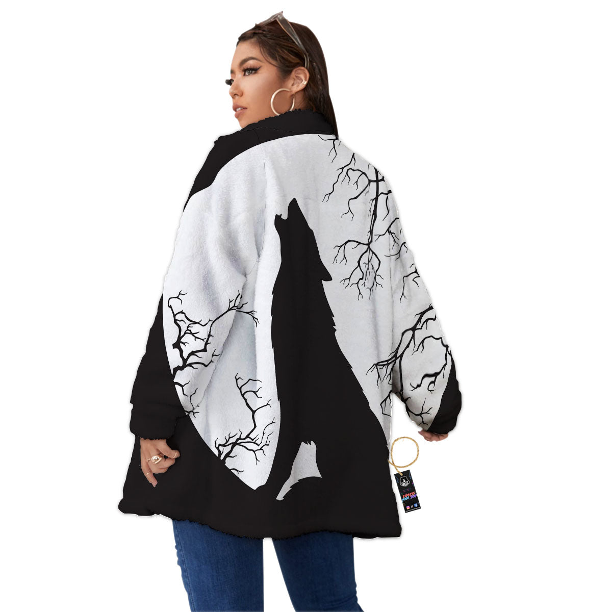 Wolf Spirit And Moon Print Women's Sherpa Jacket-grizzshop