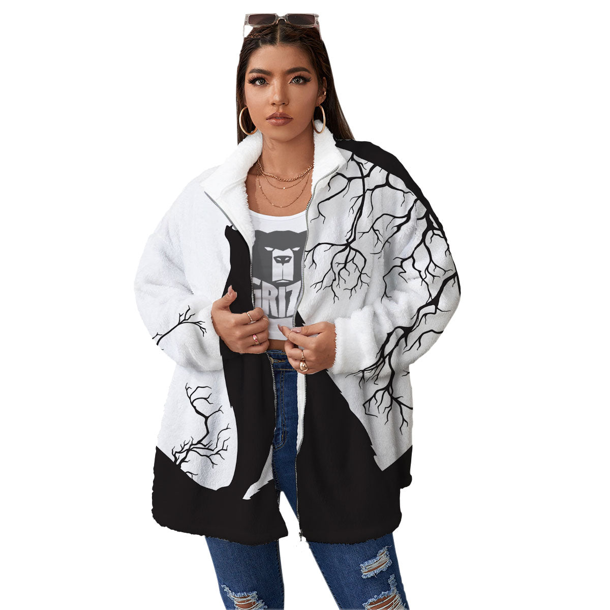 Wolf Spirit And Moon Print Women's Sherpa Jacket-grizzshop