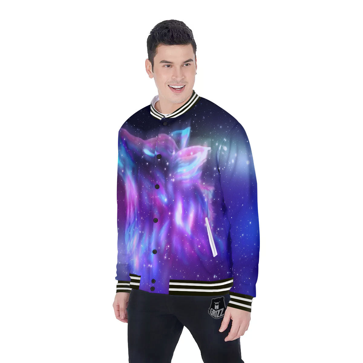 Wolf Spirit Aurora Howling Print Baseball Jacket-grizzshop