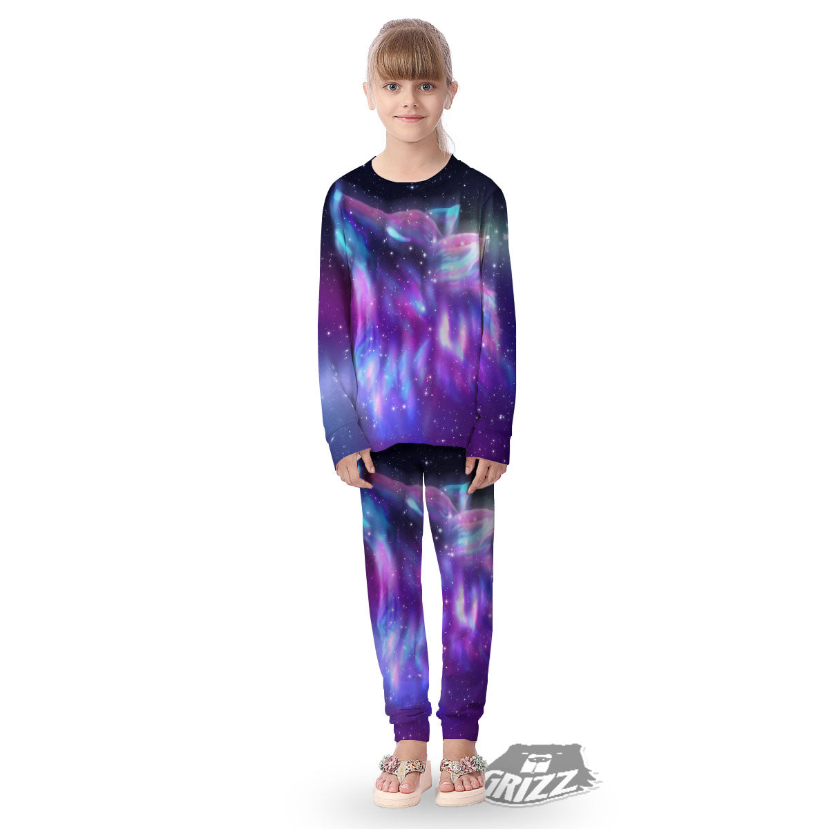 Wolf Spirit Aurora Howling Print Kid's Pajamas-grizzshop