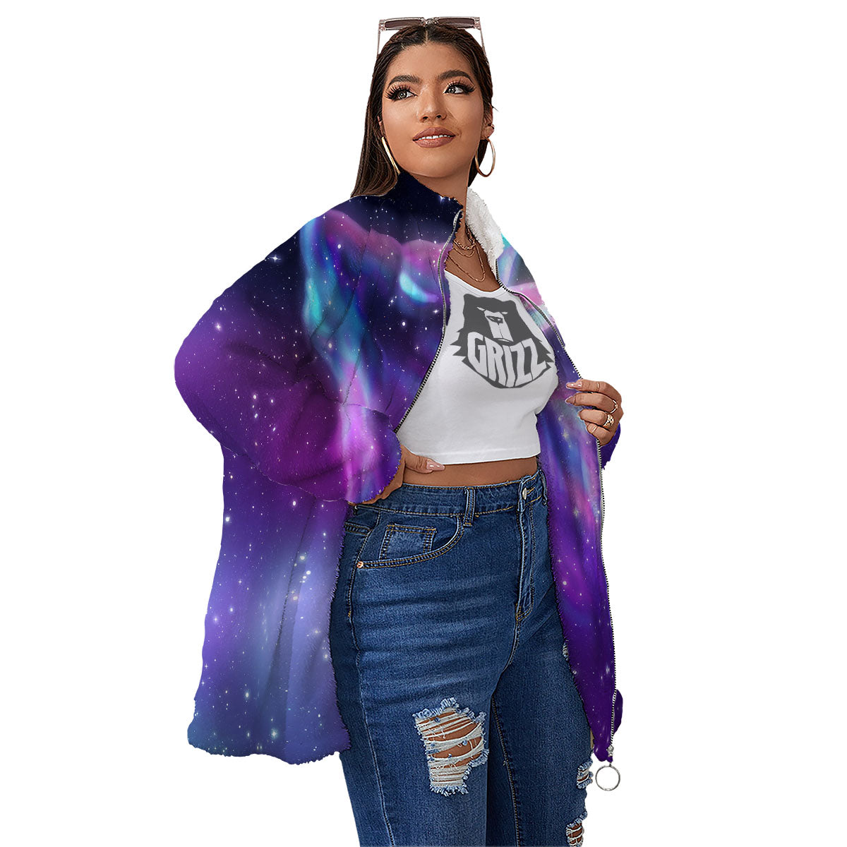 Wolf Spirit Aurora Howling Print Women's Sherpa Jacket-grizzshop