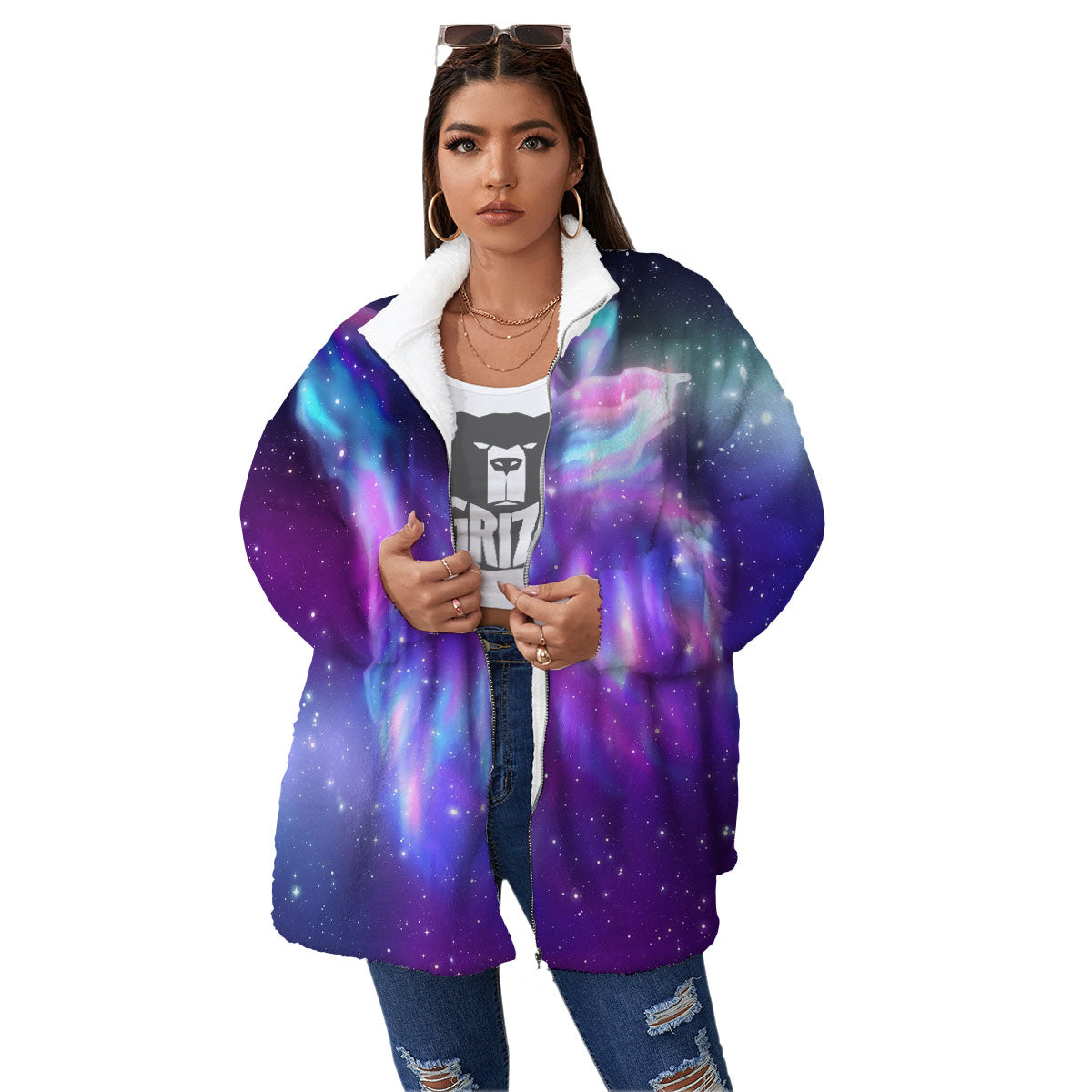 Wolf Spirit Aurora Howling Print Women's Sherpa Jacket-grizzshop
