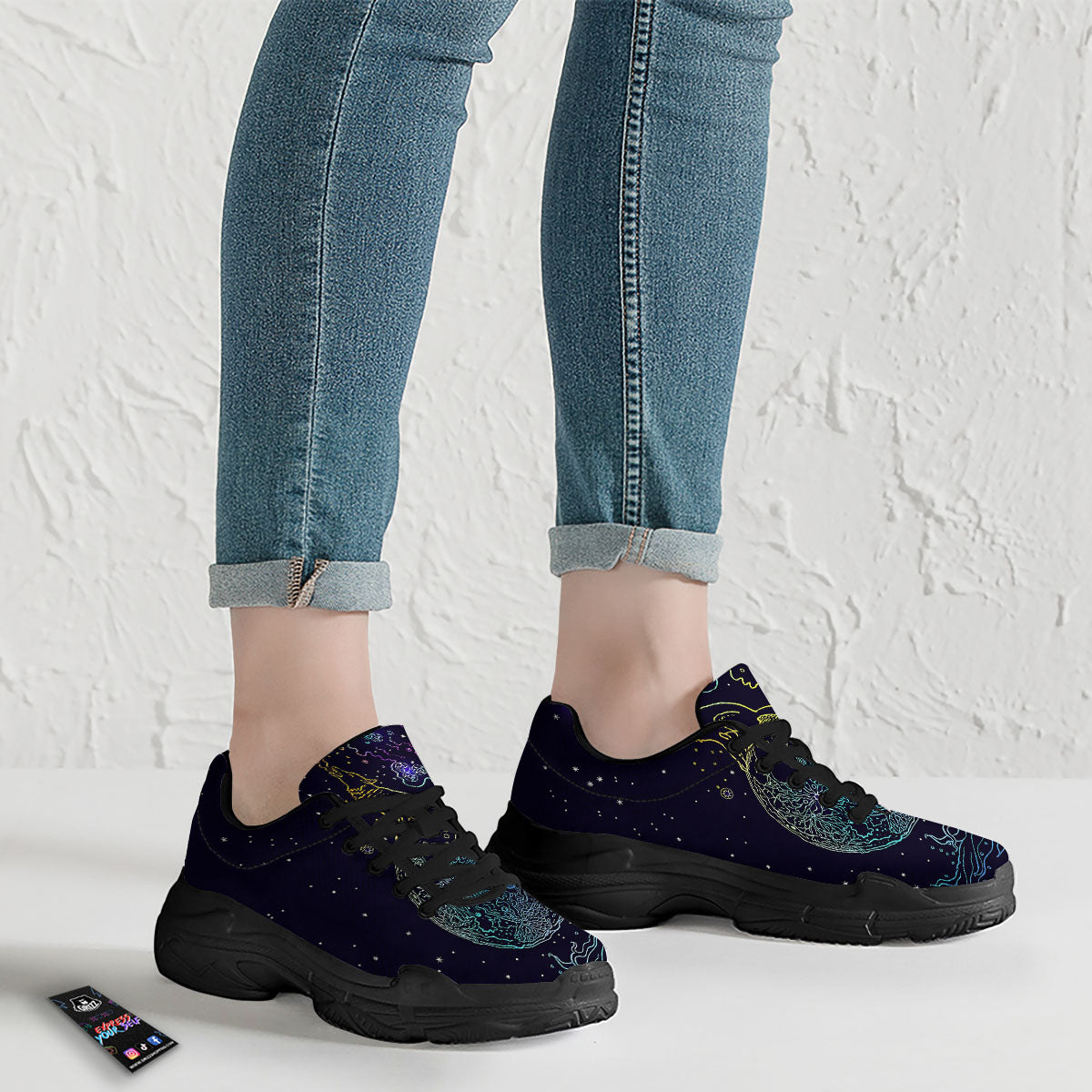 Wolf Spirit Galaxy Howling Print Black Chunky Shoes-grizzshop