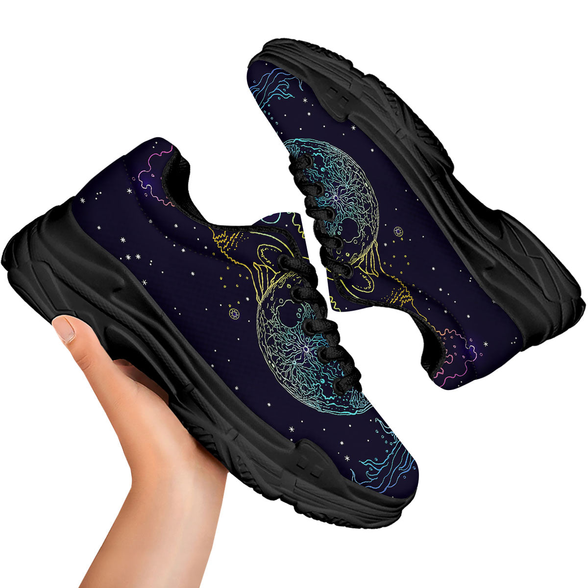 Wolf Spirit Galaxy Howling Print Black Chunky Shoes-grizzshop