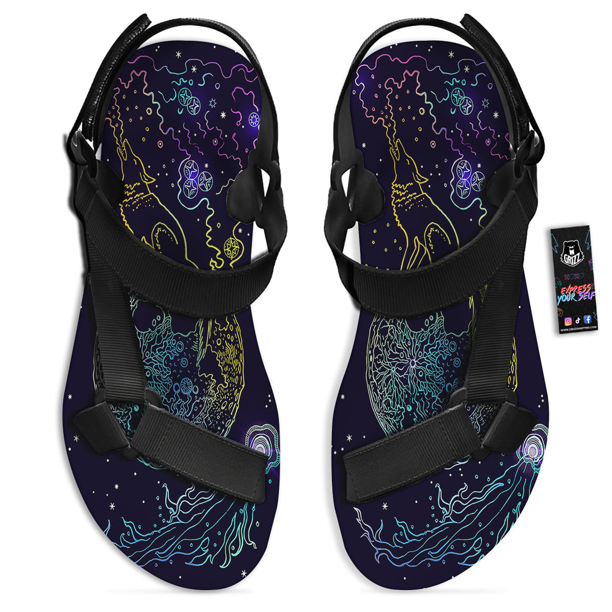 Wolf Spirit Galaxy Howling Print Black Open Toe Sandals-grizzshop