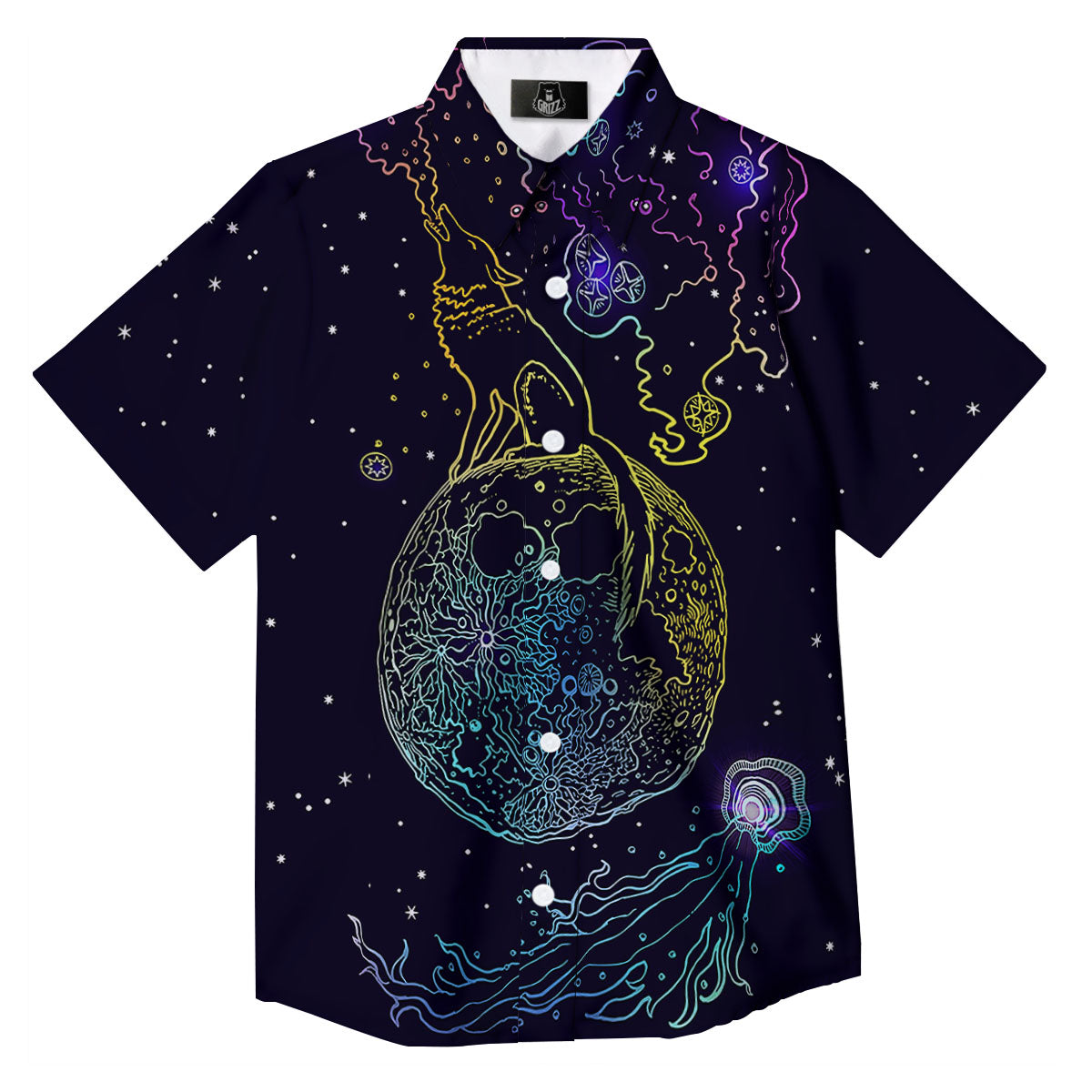 Wolf Spirit Galaxy Howling Print Button Up Shirt-grizzshop