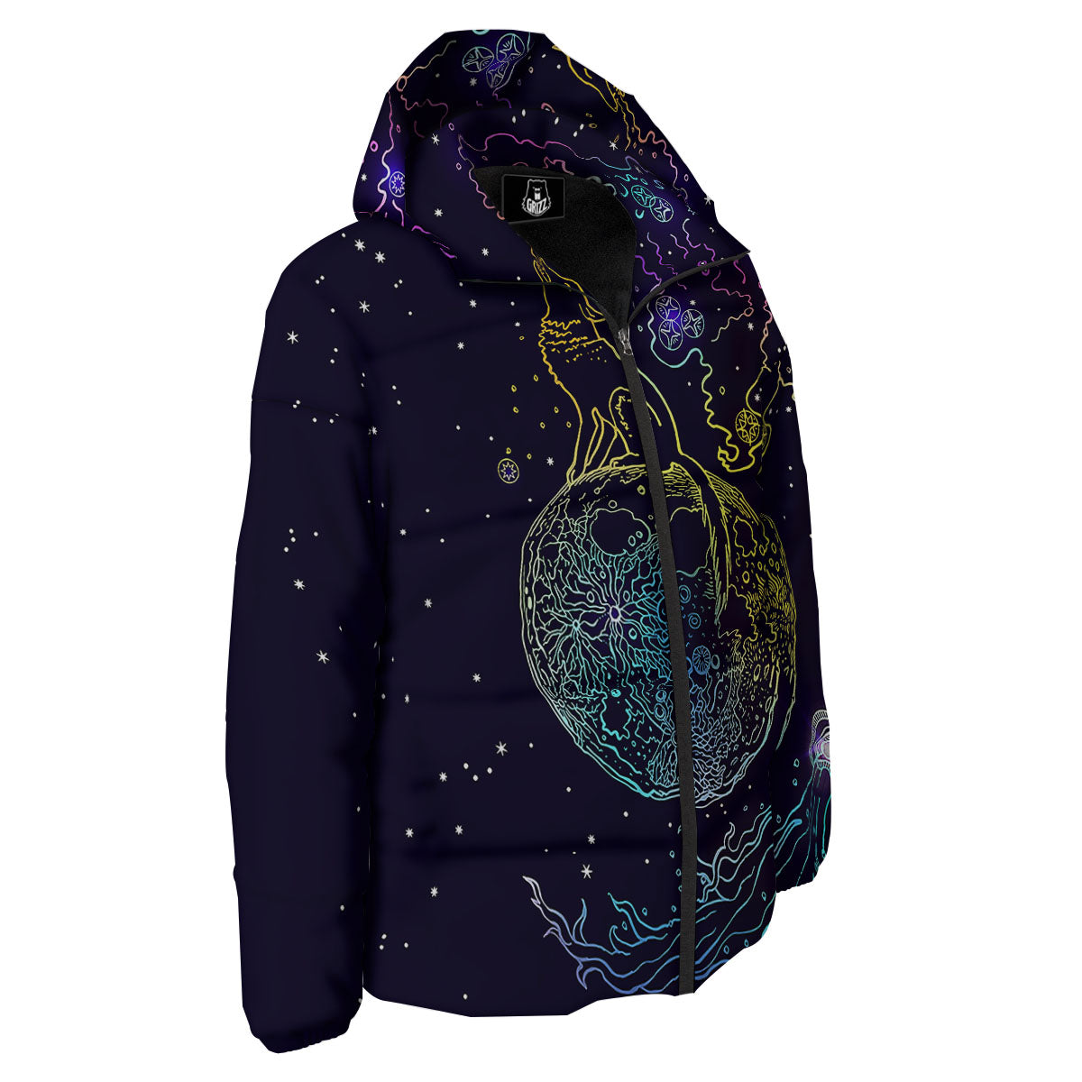 Wolf Spirit Galaxy Howling Print Down Jacket-grizzshop