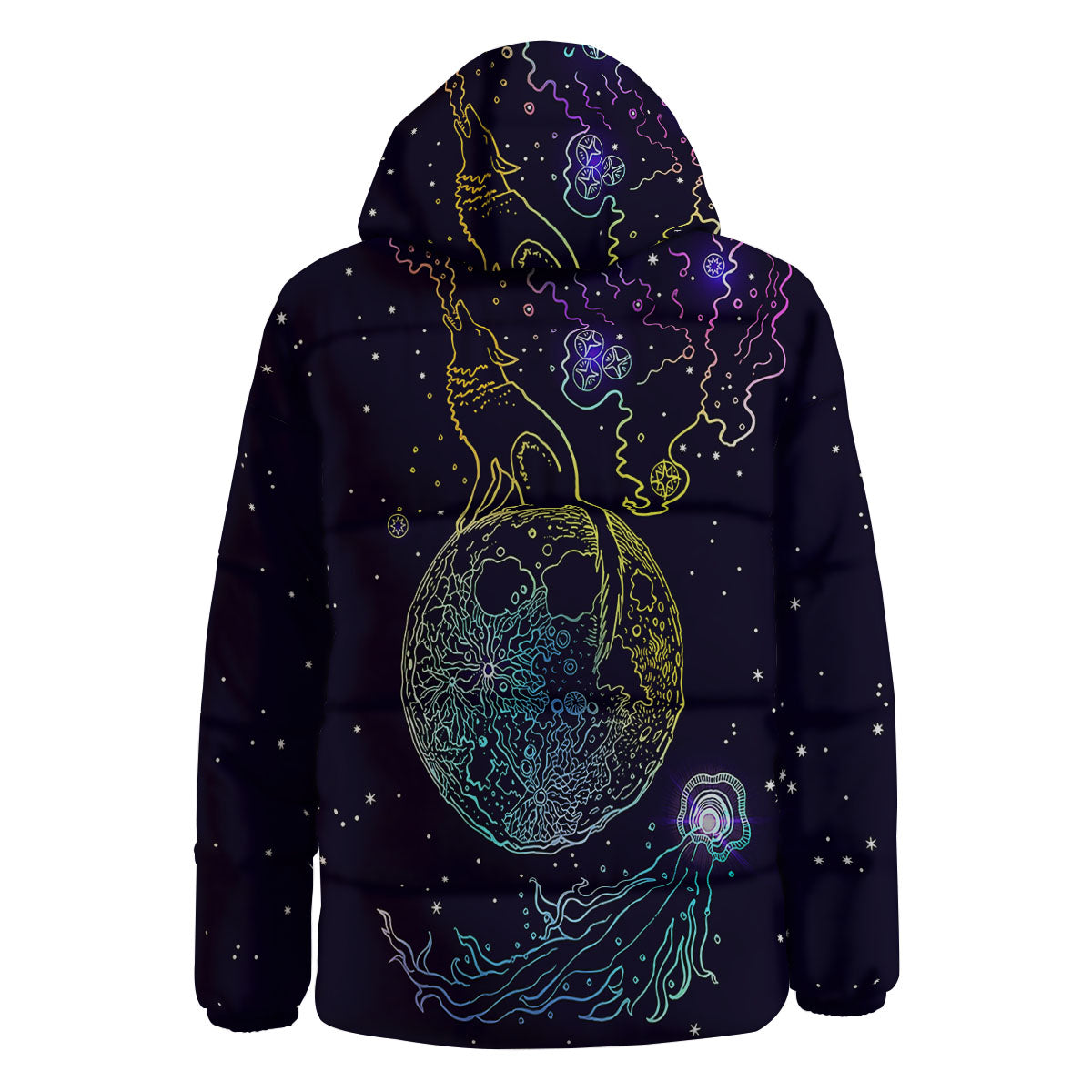 Wolf Spirit Galaxy Howling Print Down Jacket-grizzshop