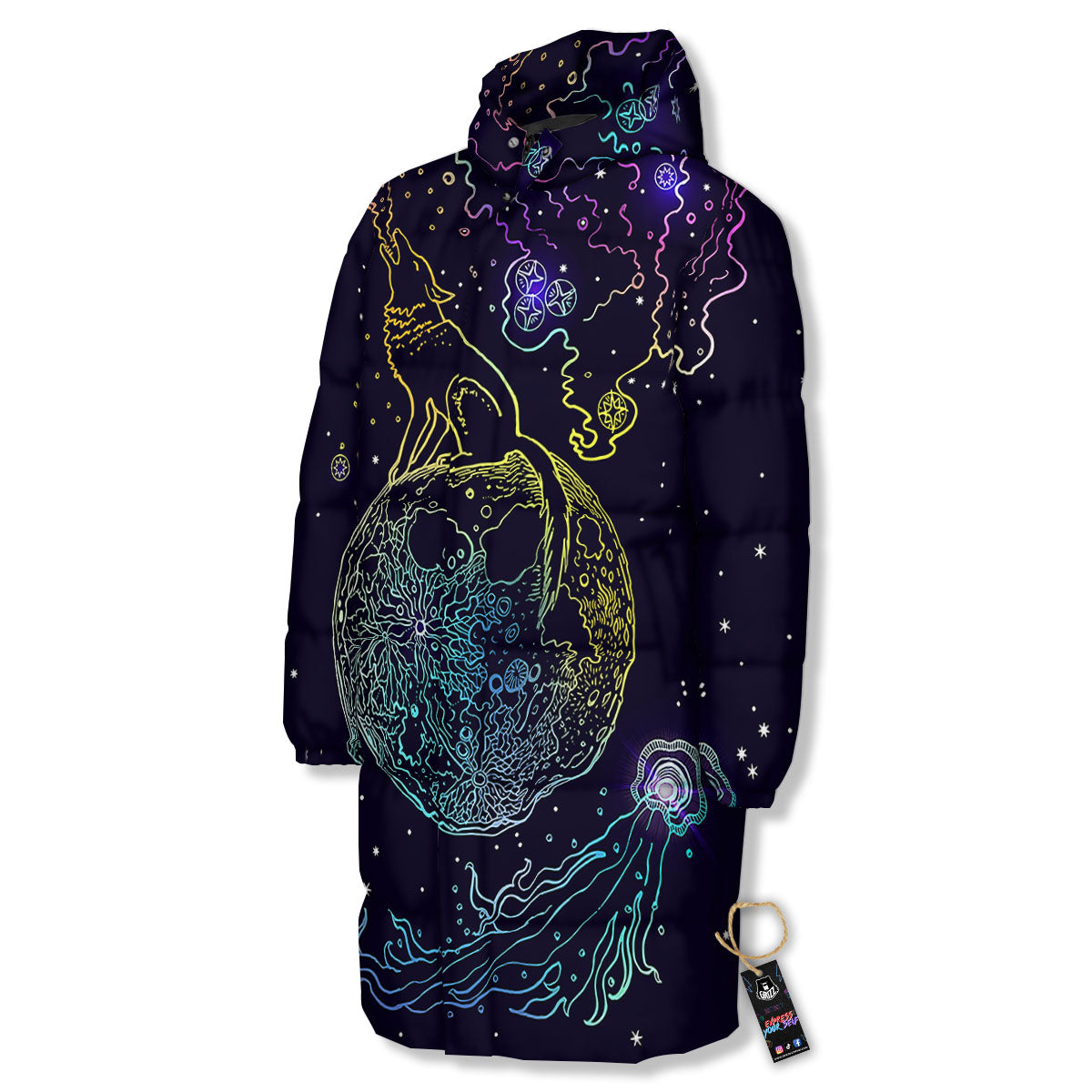 Wolf Spirit Galaxy Howling Print Long Down Jacket