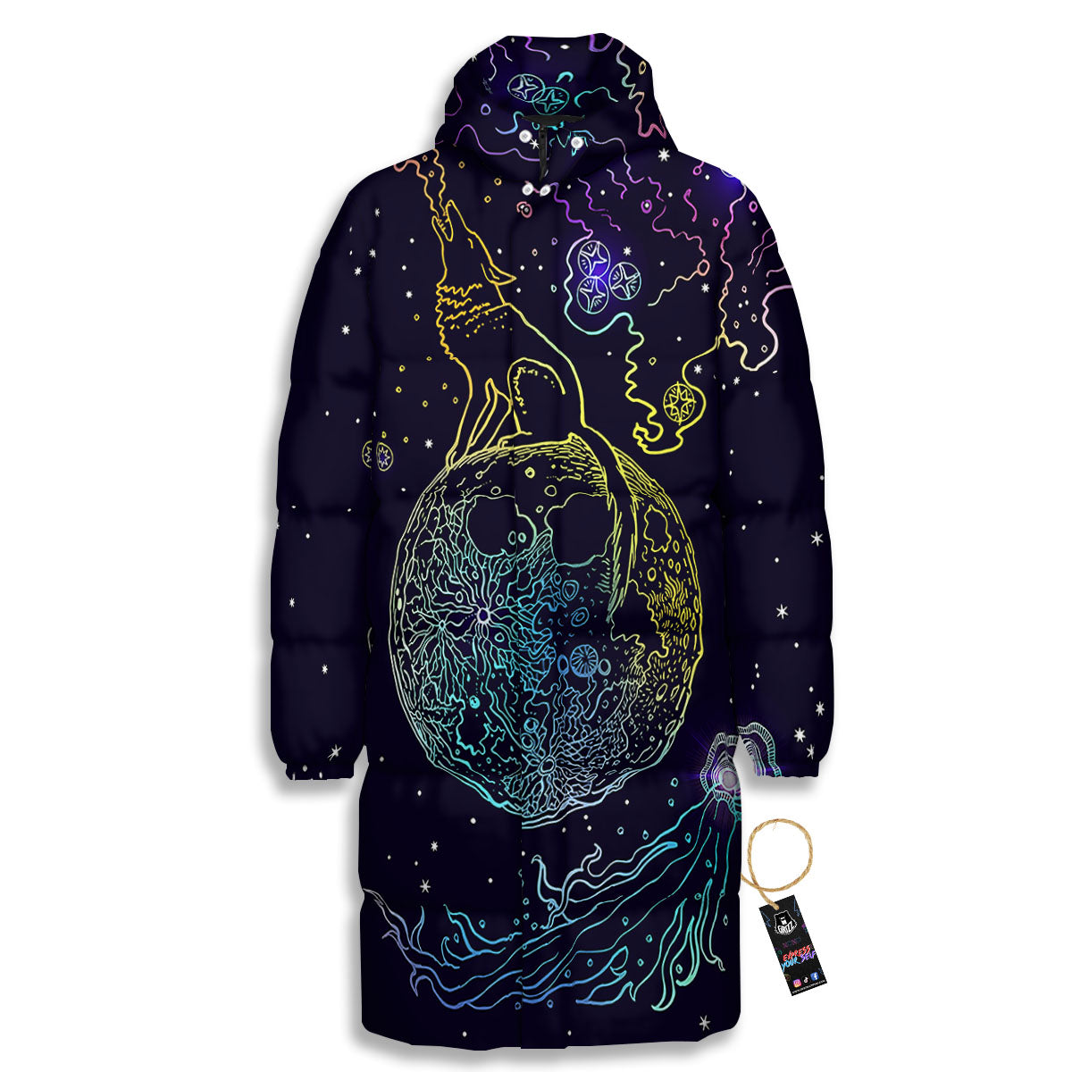 Wolf Spirit Galaxy Howling Print Long Down Jacket