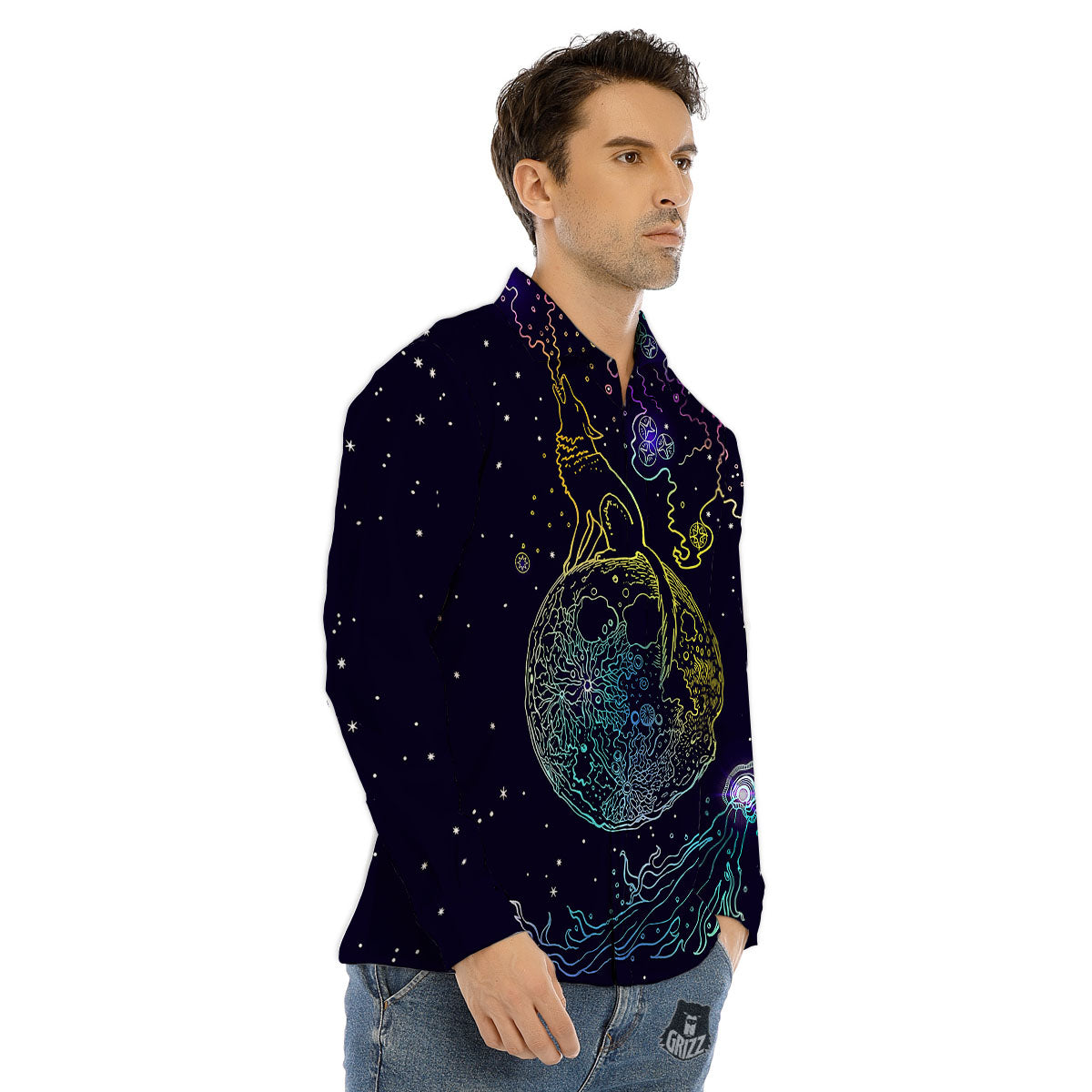 Wolf Spirit Galaxy Howling Print Men's Dress Shirts-grizzshop